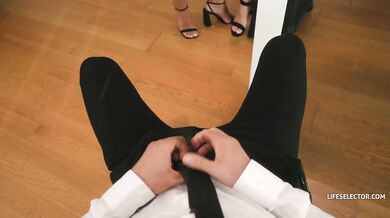 Two horny colleagues ride my hard cock!