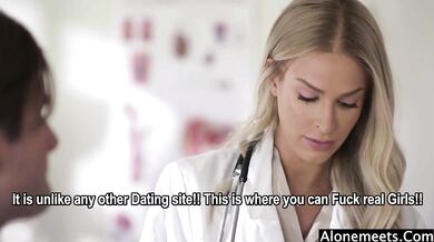 Busty blonde nurse Emma Hix gives a steamy blowjob and gets loud of cum at the end