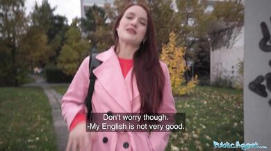 French babe with small boobs begs for public virginity to be taken for cash