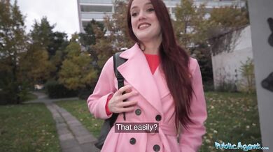 French babe with small boobs begs for public virginity to be taken for cash