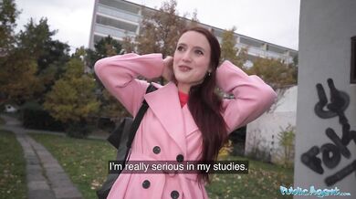 French babe with small boobs begs for public virginity to be taken for cash