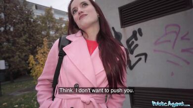 French babe with small boobs begs for public virginity to be taken for cash