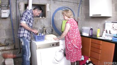 Blonde grandma gets fucked on the washing machine