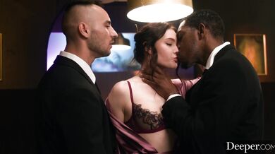 This brunette beauty gets her brains fucked out while two studs ream her from both ends.