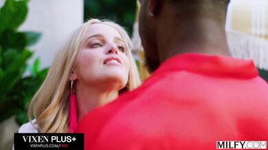 Total outdoor passion as a blonde MILF services a giant BBC before getting drilled in the garden