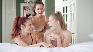 Three horny starlets sharing one big cock