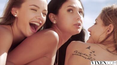Hardcore group sex on the beach with three girls taking every inch of a dick